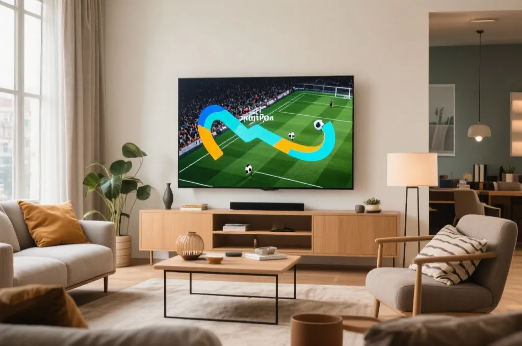 A cozy modern living room with a large screen smart TV showing an abstract soccer match graphic