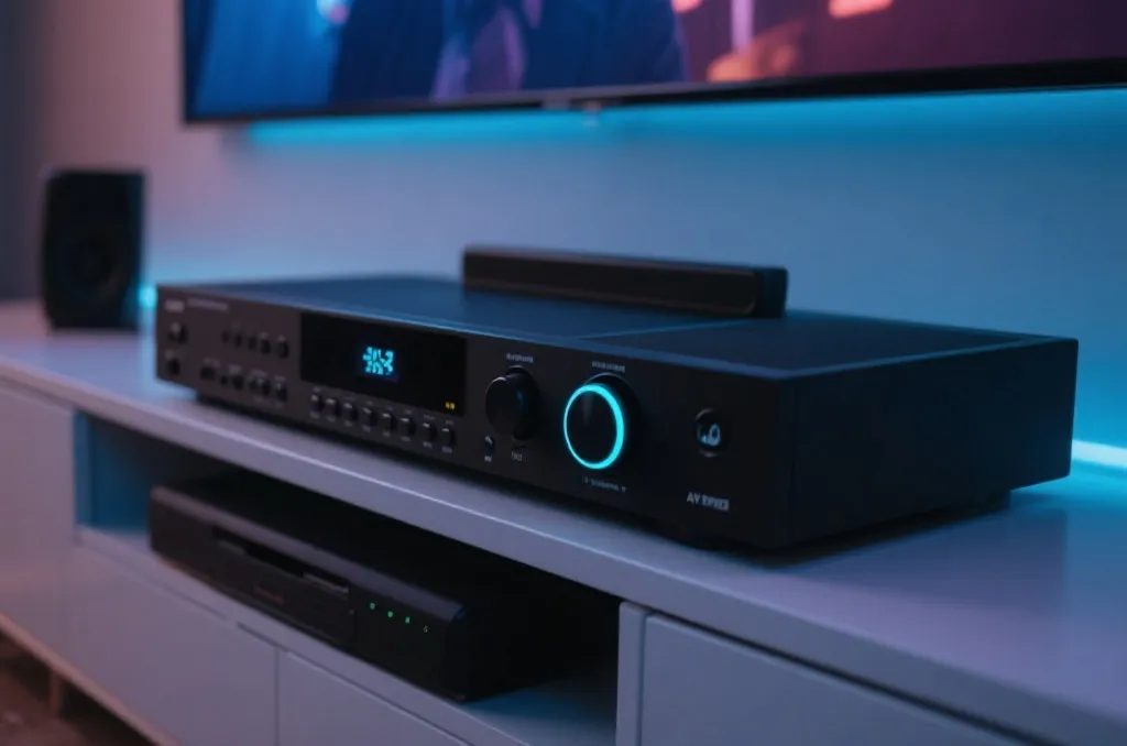 A close-up of a modern home theater audio system, minimalist AV receiver with glowing indicators, sleek soundbar below, high-tech vibe
